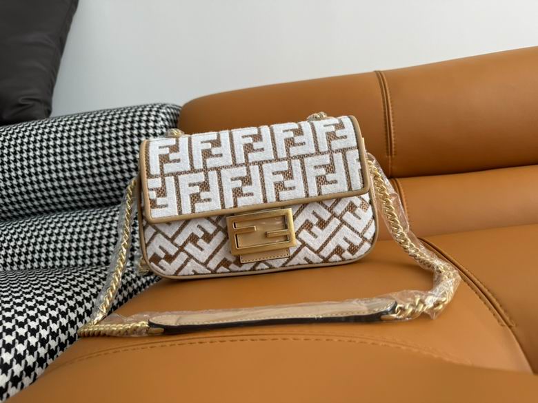 Fendi Baguette Medium Shoulder Bag in White and Tan FF Jacquard with Chain