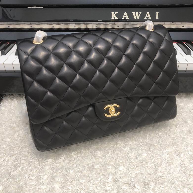 Chanel Classic Double Flap Maxi Shoulder Bag in Black Quilted Lambskin