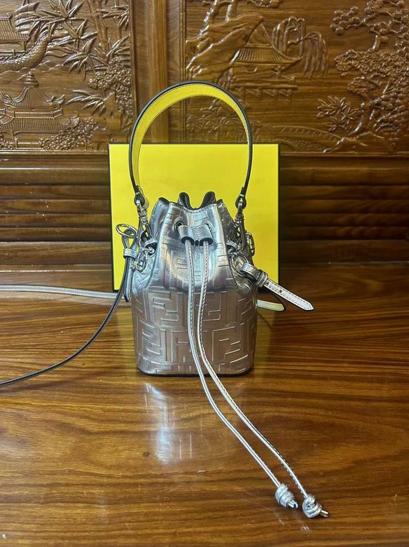 Fendi Mon Tresor Mini Bucket Bag in Silver Metallic FF-Embossed Leather