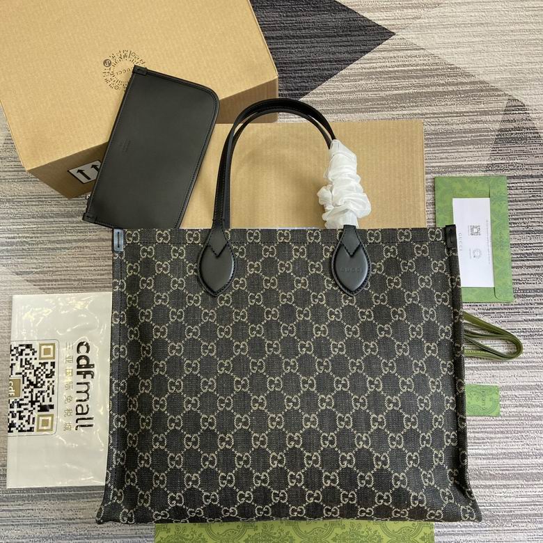 Gucci Ophidia Large Tote Bag in Black GG Denim with Leather Handles