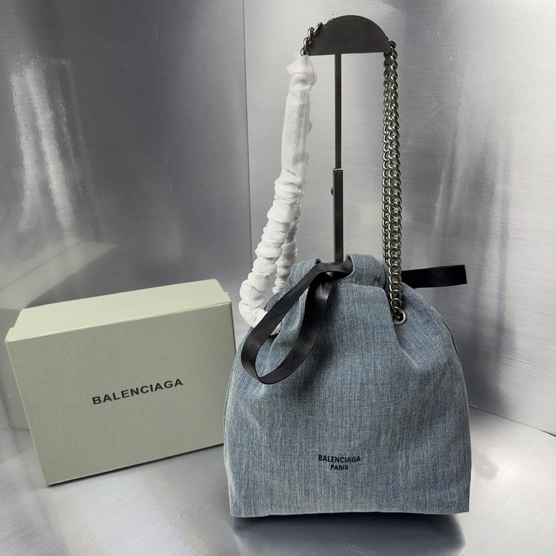Balenciaga Crush Drawstring Bucket Bag in Washed Light Blue Denim