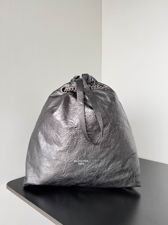 Balenciaga Crush Drawstring Tote Bag in Metallic Gunmetal Crinkled Leather