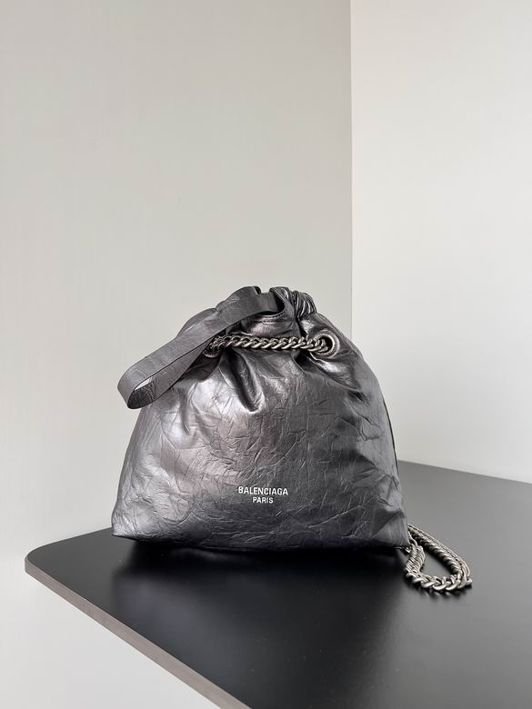 Balenciaga Crush Small Drawstring Chain Bag in Metallic Grey Crinkled Leather