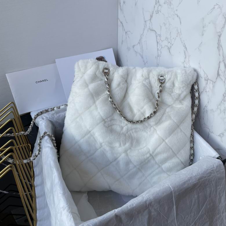 Chanel 22 Shopping Tote Bag in White Quilted Shearling with Silver Chain