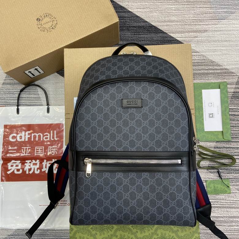 Gucci GG Supreme Backpack in Black and Grey Canvas with Web Straps