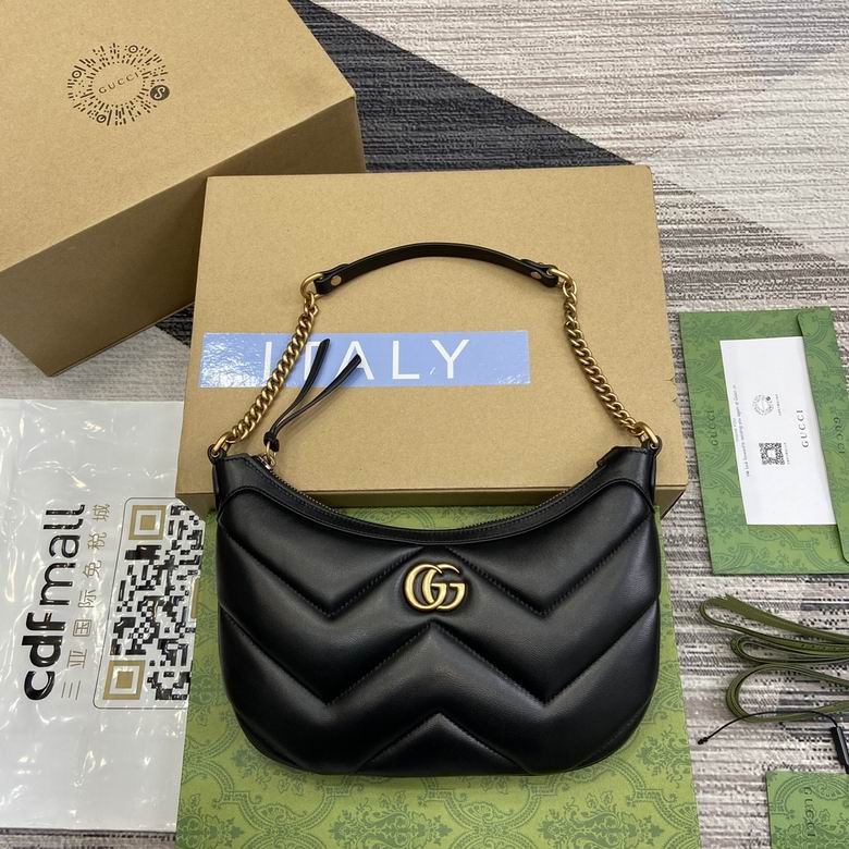 Gucci GG Marmont Half-Moon Shoulder Bag in Black Matelassé Leather