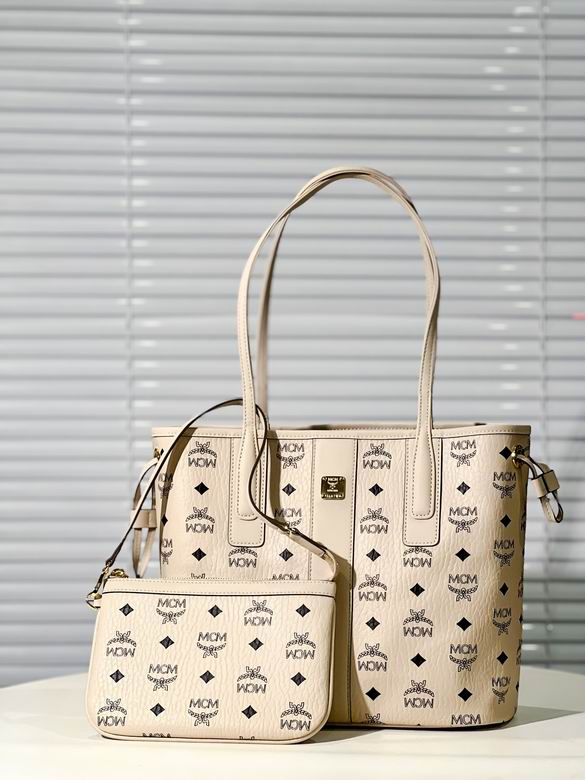 MCM Liz Shopper Tote Bag in Beige Visetos Coated Canvas with Pouch