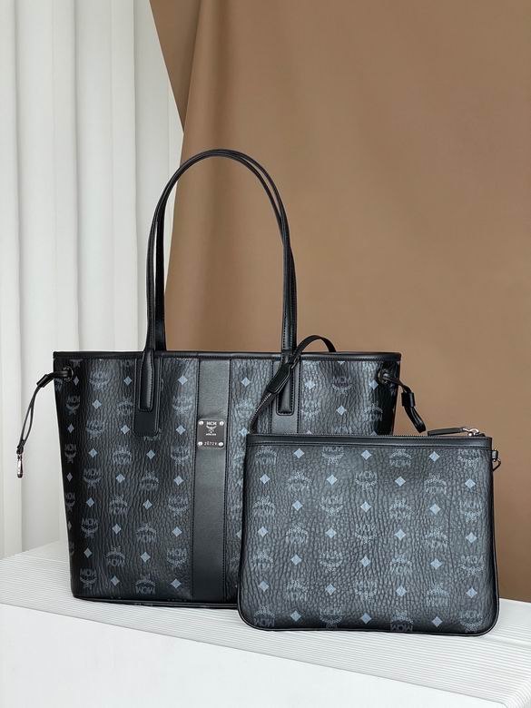 MCM Liz Shopper Tote Bag with Pouch in Black Visetos Coated Canvas