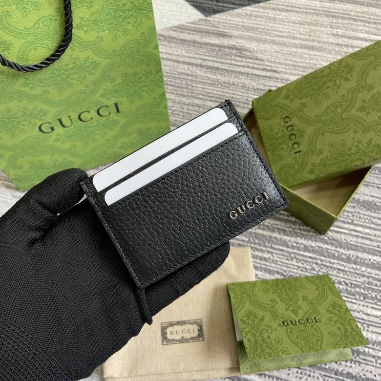 Gucci Card Case with Metal Gucci Lettering in Black Grained Leather