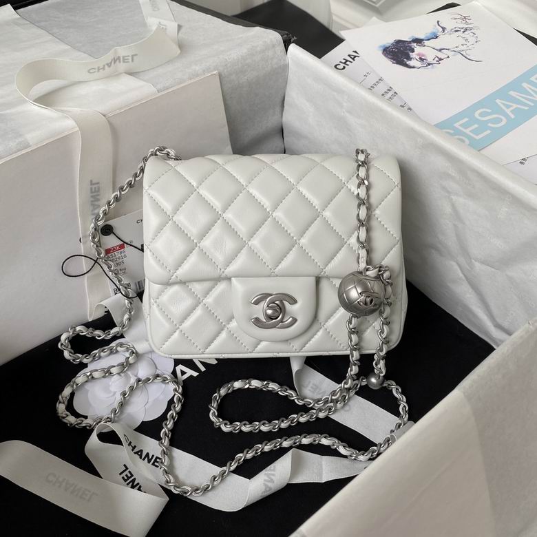 Chanel Mini Square Flap Bag in White Quilted Lambskin with Pearl Ball Charm