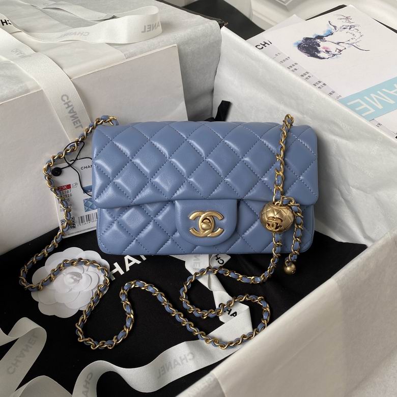 Chanel Mini Flap Bag AS1787 in Blue Quilted Lambskin with Gold Ball Charm
