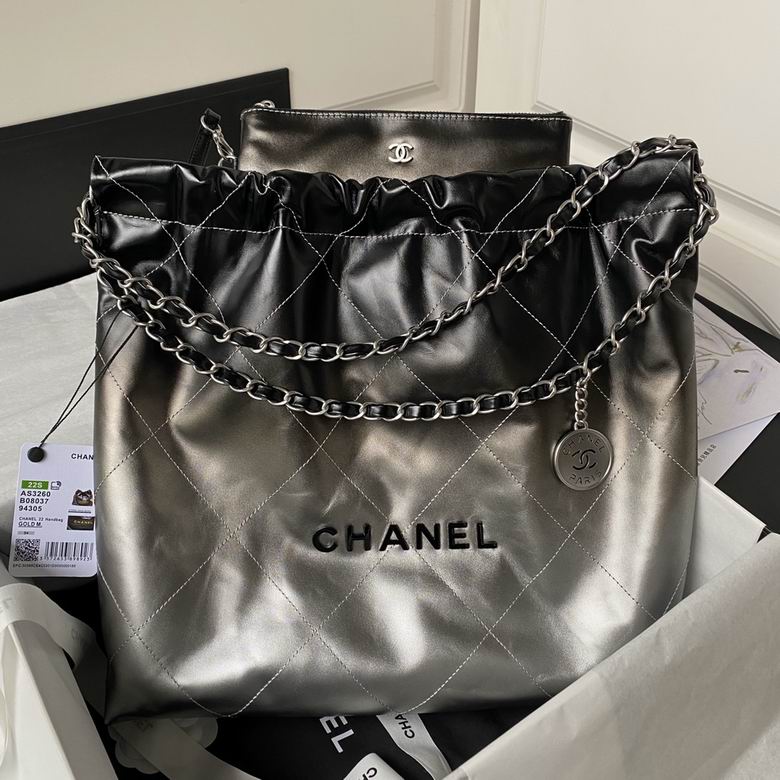Chanel 22 Large Drawstring Tote Bag in Black to Silver Ombre Shiny Leather