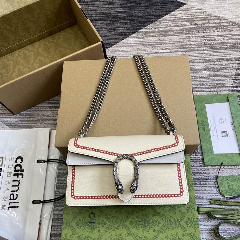 Gucci Dionysus Small Shoulder Bag in White Leather with Red Chain Trim