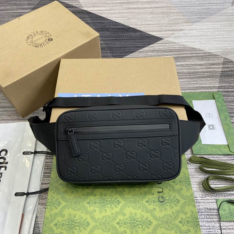 Gucci GG Embossed Belt Bag in Black Rubberized Leather with Webbing Strap