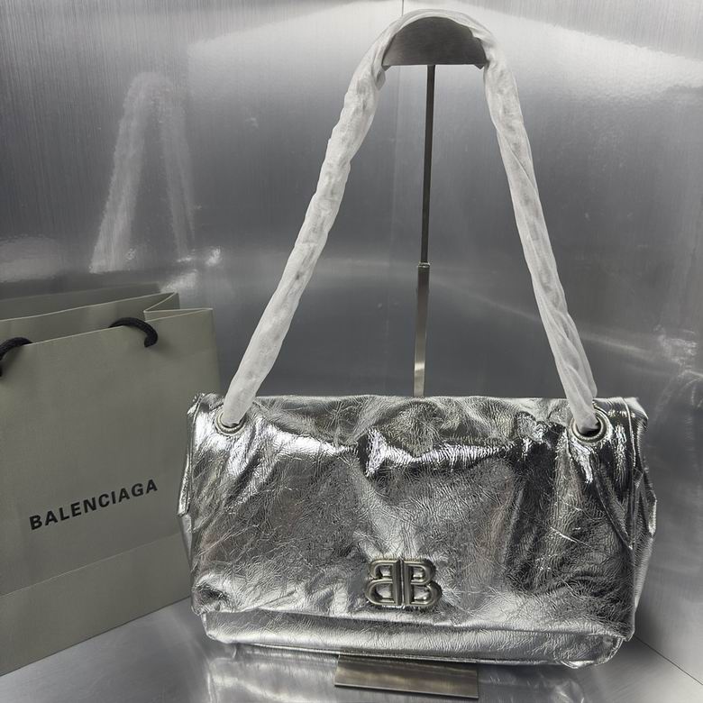 Balenciaga Monaco Medium Shoulder Bag in Silver Metallic Crinkled Leather