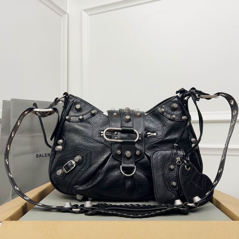 Balenciaga Le Cagole Studded Shoulder Bag in Black Crinkled Leather
