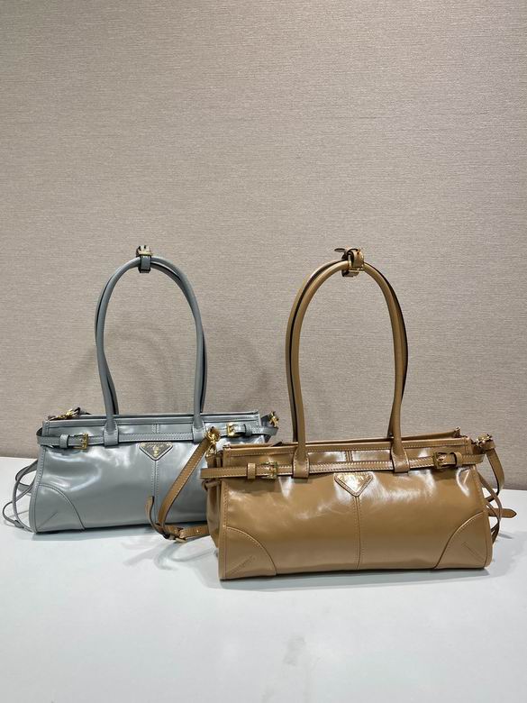 Prada Medium Leather Shoulder Bag with Belt Straps in Grey and Camel