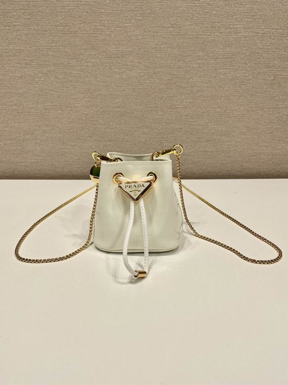 Prada Mini Bucket Bag with Chain Strap in White Patent Leather