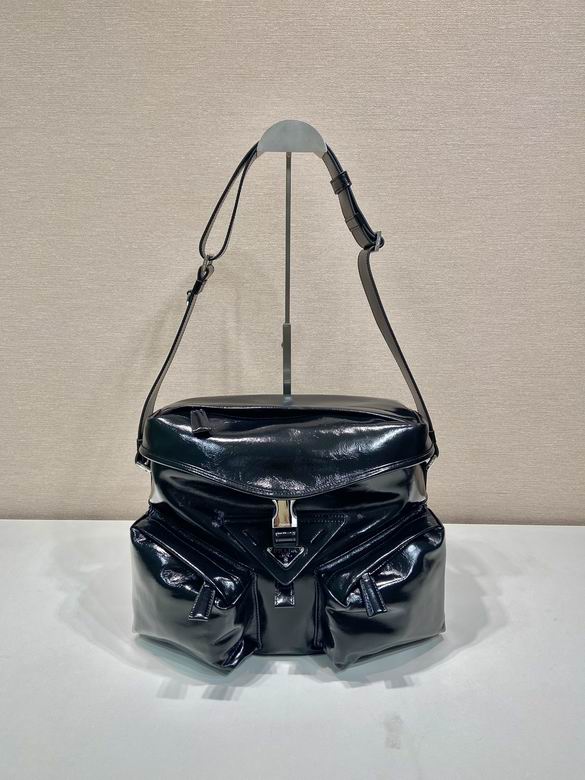 Prada Shoulder Bag with Front Pockets in Black Glossy Leather