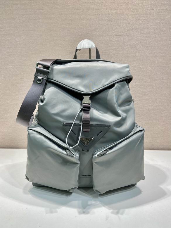 Prada Nylon Backpack with Front Cargo Pockets and Triangle Logo in Gray-Blue
