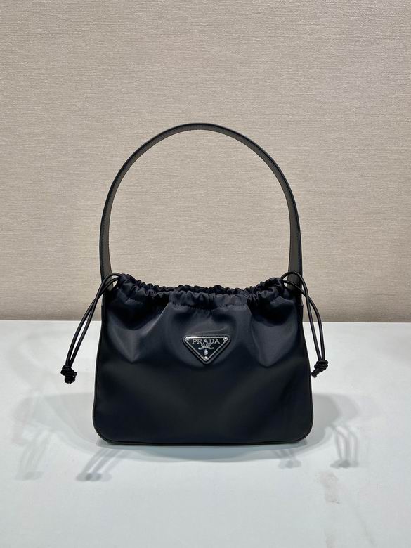 Prada Re-Nylon Drawstring Shoulder Bag with Enamel Triangle Logo in Black