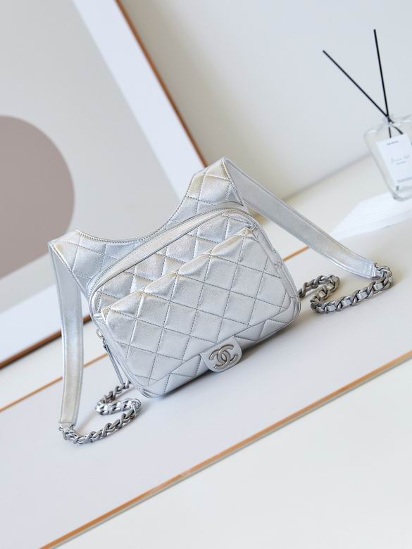 Chanel Quilted Backpack with Front Flap Pocket and Chain Straps in Silver