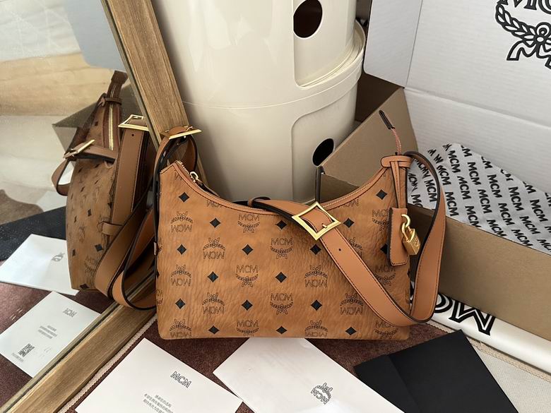 MCM Aren Hobo Shoulder Bag in Cognac Visetos Coated Canvas