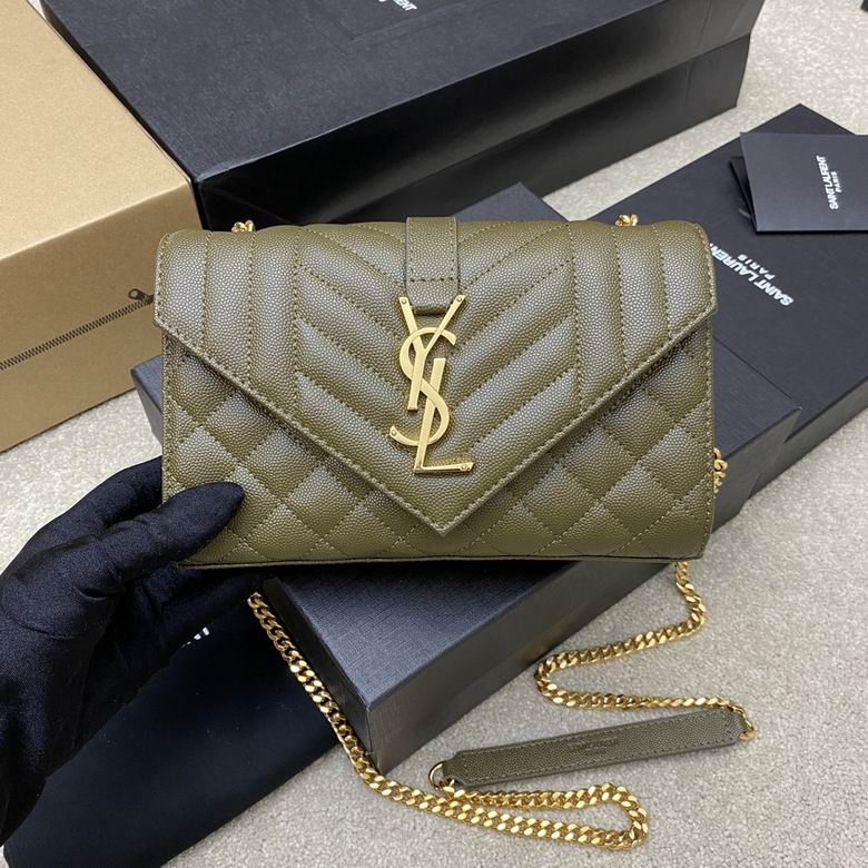 Saint Laurent Envelope Small Chain Bag in Olive Green Quilted Grain Leather
