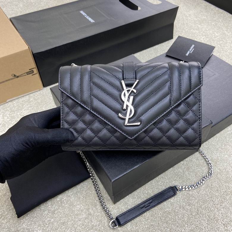 Saint Laurent Envelope Small Chain Bag in Black Grained Leather
