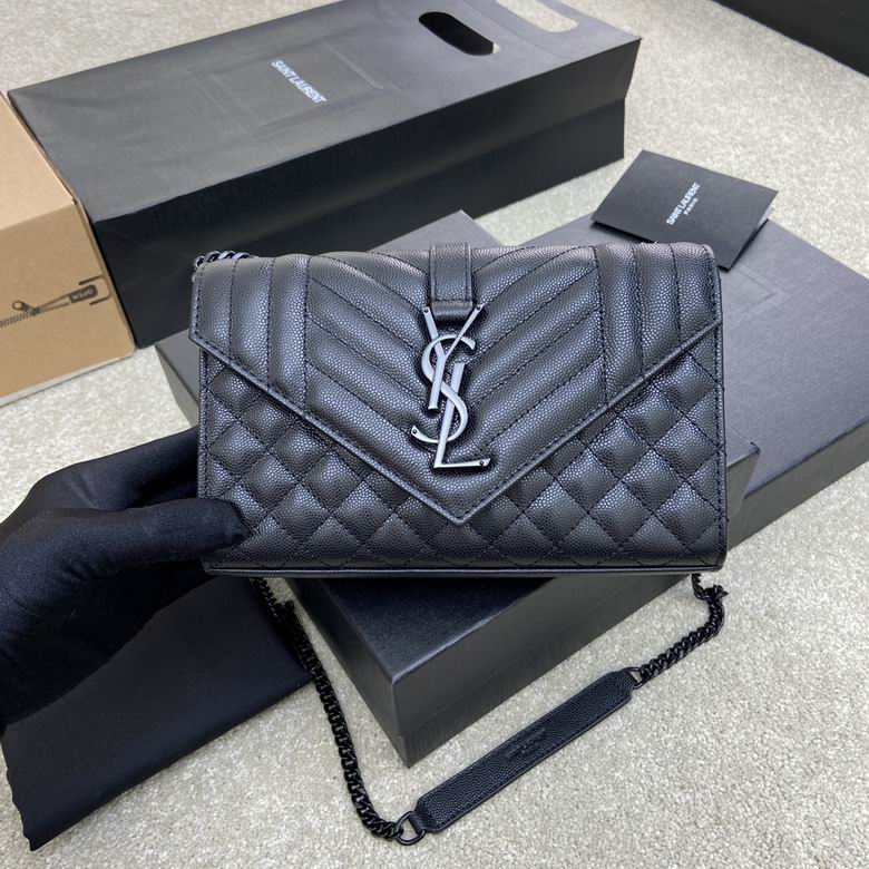 Saint Laurent Envelope Small Chain Bag in Black Textured Matelassé Leather