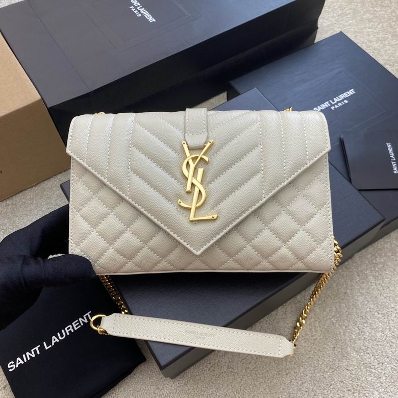 Saint Laurent Envelope Small Chain Bag in Cream Quilted Grain de Poudre Leather