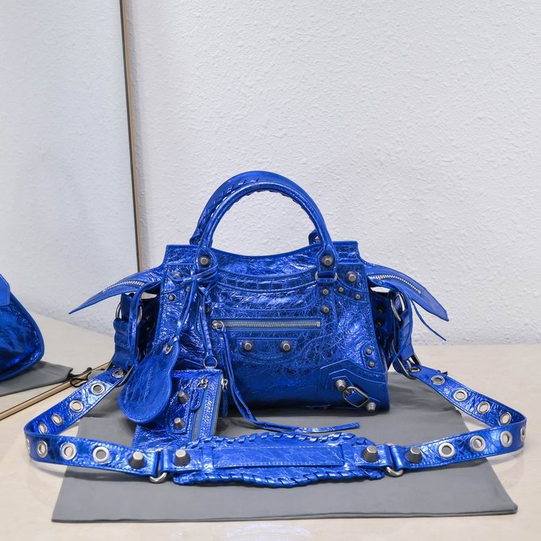 Balenciaga Neo Cagole Small Top-Handle Bag in Metallic Blue Crinkled Leather
