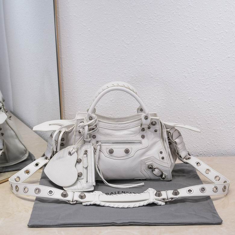 Balenciaga Le Cagole XS Shoulder Bag in White Leather with Studs and Coin Purse