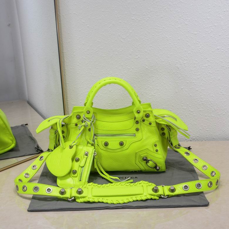 Balenciaga Neo Cagole XS Top-Handle Bag in Neon Yellow Leather with Studs