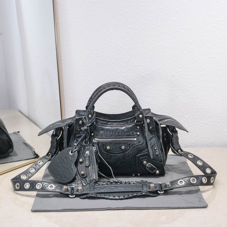 Balenciaga Neo Cagole Top-Handle Bag in Black Distressed Leather with Eyelet Strap