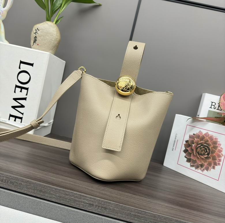 Loewe Pebble Bucket Mini Bag in Beige Grained Leather with Gold Anagram Stud