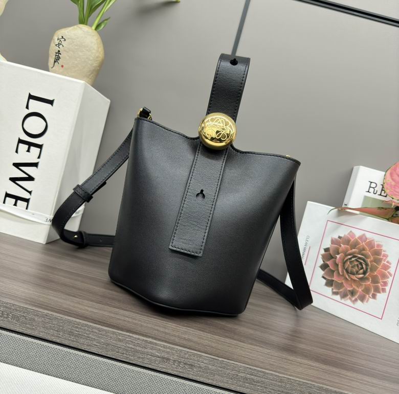 Loewe Pebble Mini Bucket Bag in Black Smooth Leather with Gold Anagram Stud