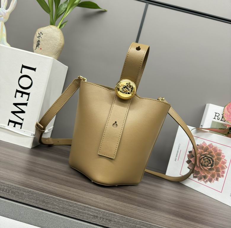 Loewe Pebble Bucket Mini Bag in Tan Smooth Calfskin with Anagram Stud