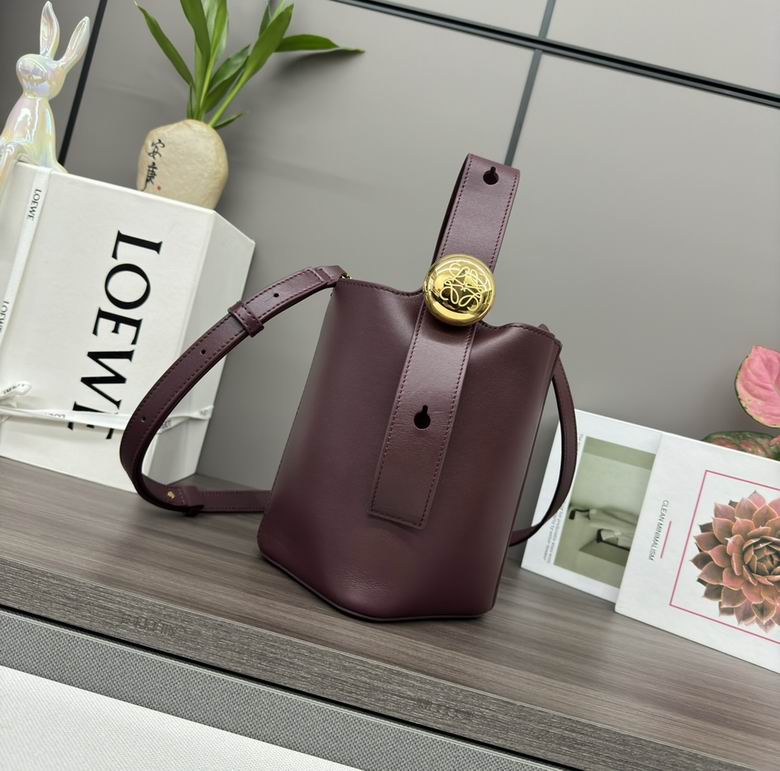 Loewe Pebble Bucket Bag Mini in Burgundy Smooth Leather with Gold Anagram Stud