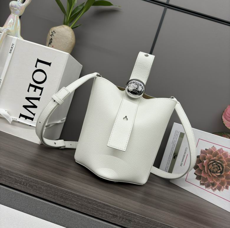 Loewe Pebble Bucket Mini Bag in White Soft Grained Calfskin with Strap