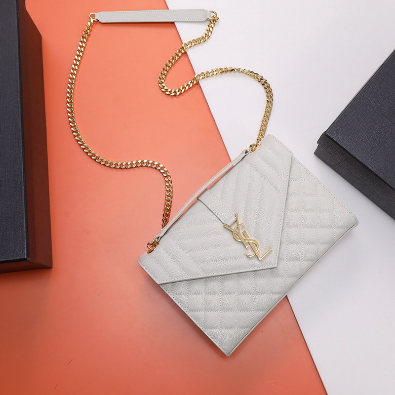 Saint Laurent Envelope Medium Chain Bag in White Grain de Poudre Leather
