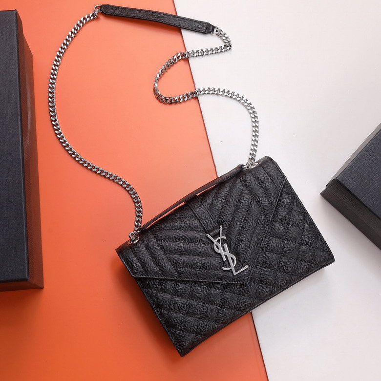 Saint Laurent Envelope Medium Chain Bag in Black Mixed Matelassé Leather