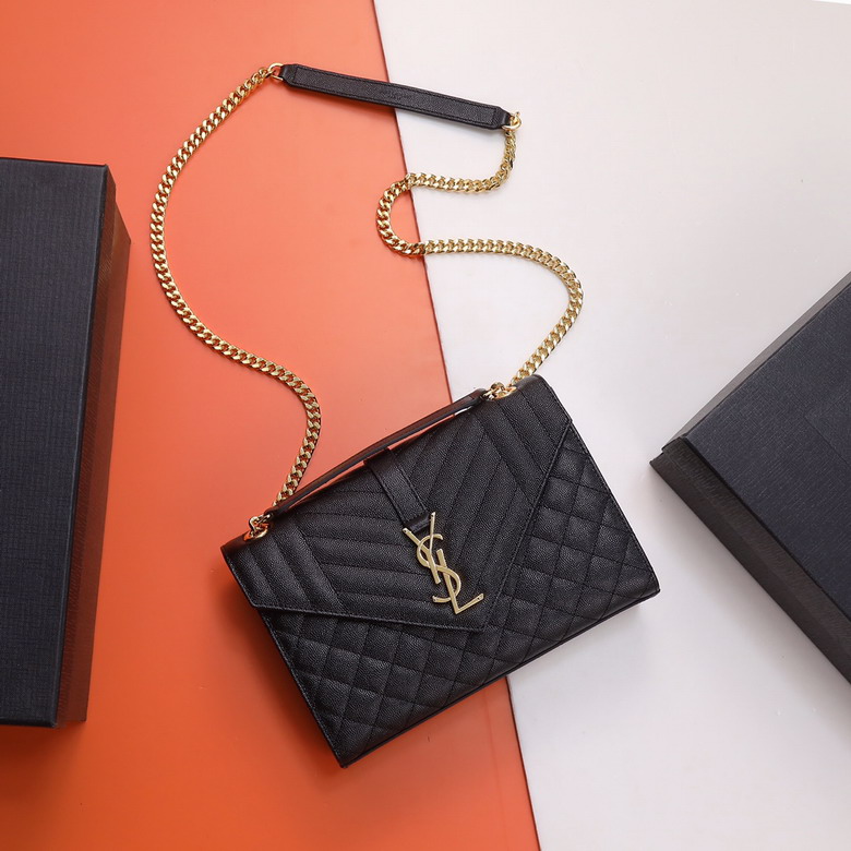 Saint Laurent Envelope Medium Chain Bag in Black Textured Matelassé Leather