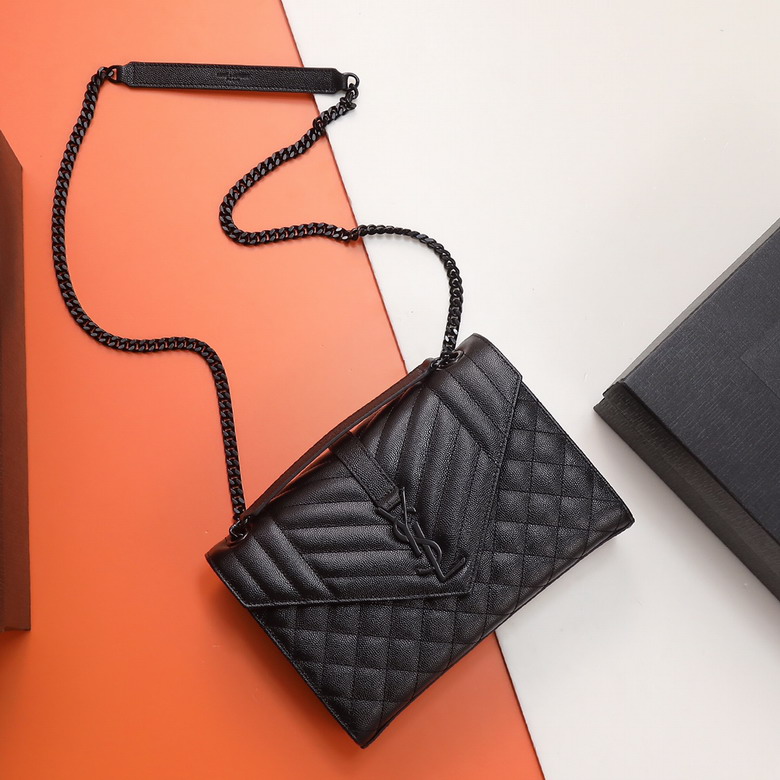 Saint Laurent Envelope Medium Chain Shoulder Bag in Black Grained Leather