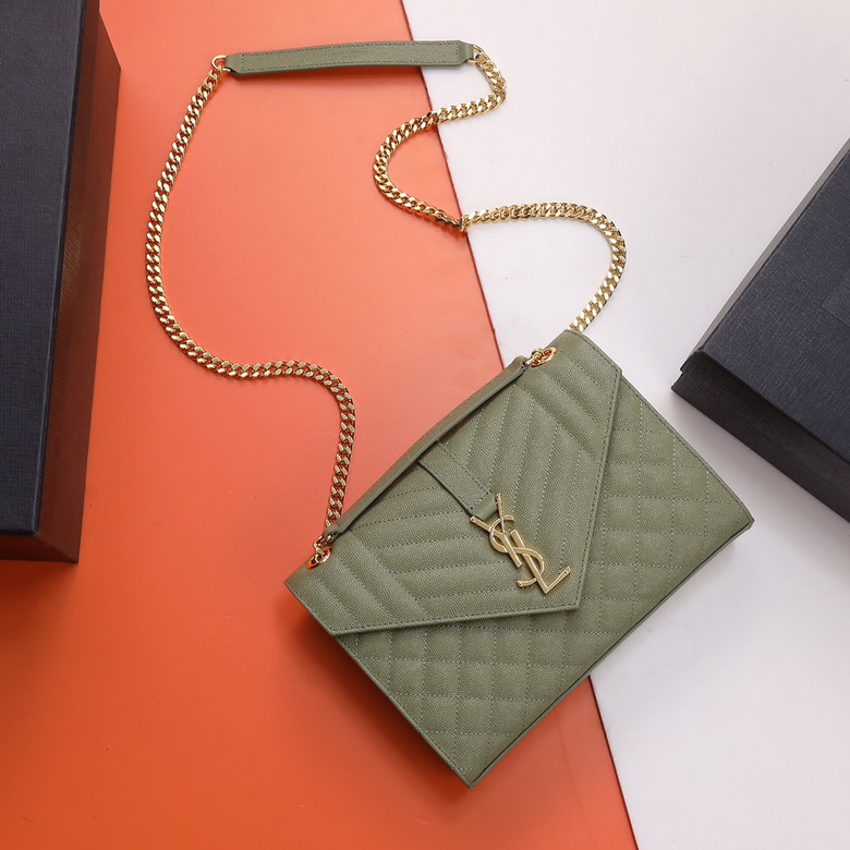 Saint Laurent Envelope Medium Chain Bag in Sage Green Textured Matelassé Leather
