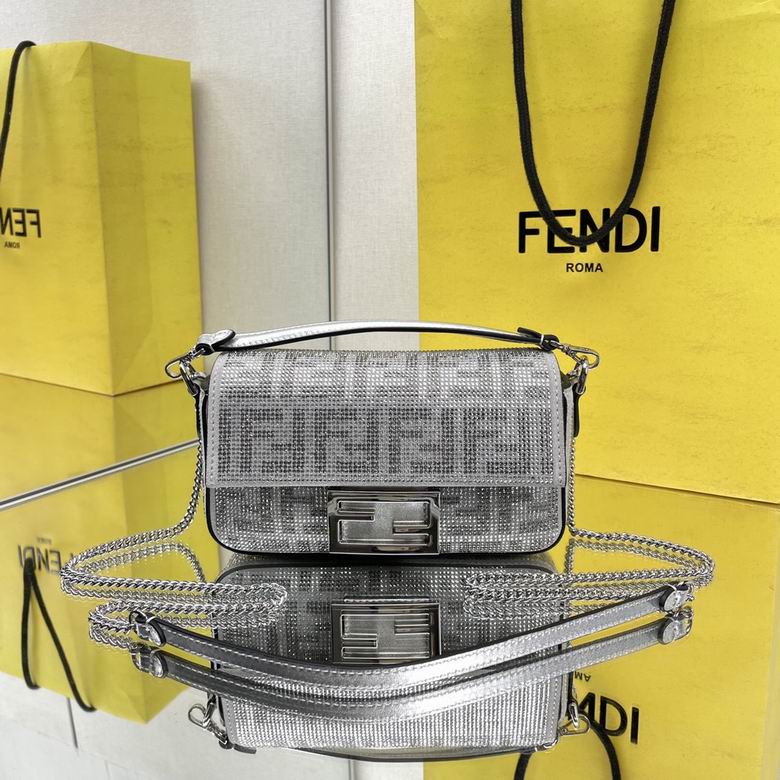 Fendi Baguette Mini Crystal FF Shoulder Bag in Silver with Chain Strap
