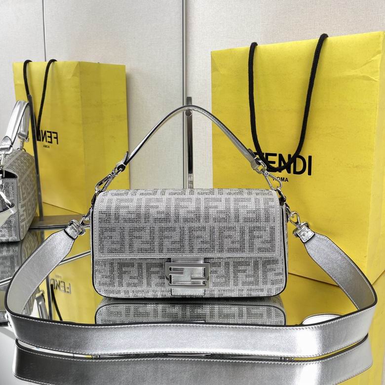 Fendi Baguette Medium Shoulder Bag in Silver Crystal FF Fabric