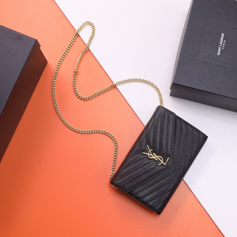 Saint Laurent Monogram Envelope Chain Wallet in Black Matelassé Leather