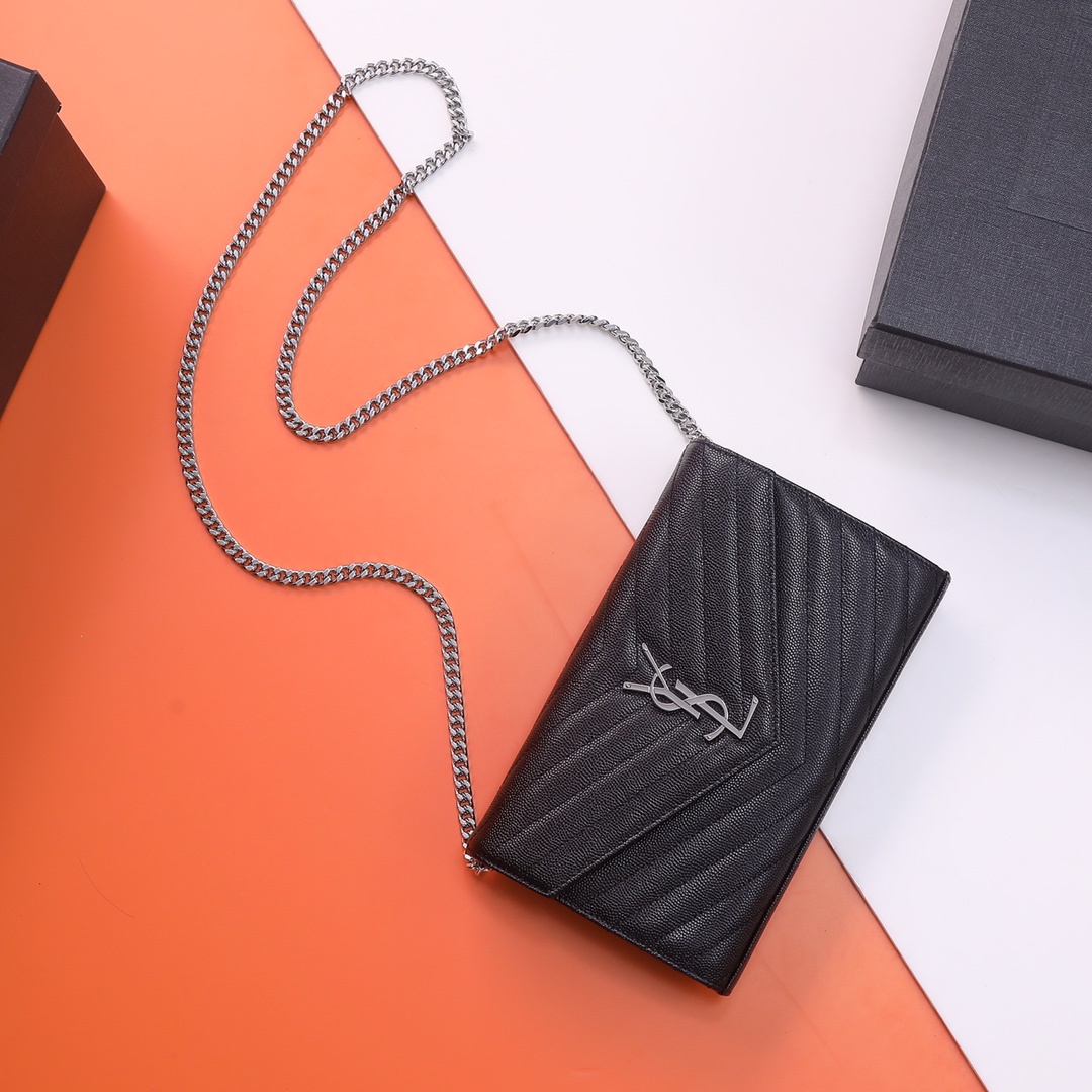 Saint Laurent Monogram Envelope Chain Wallet in Black Grain de Poudre Leather