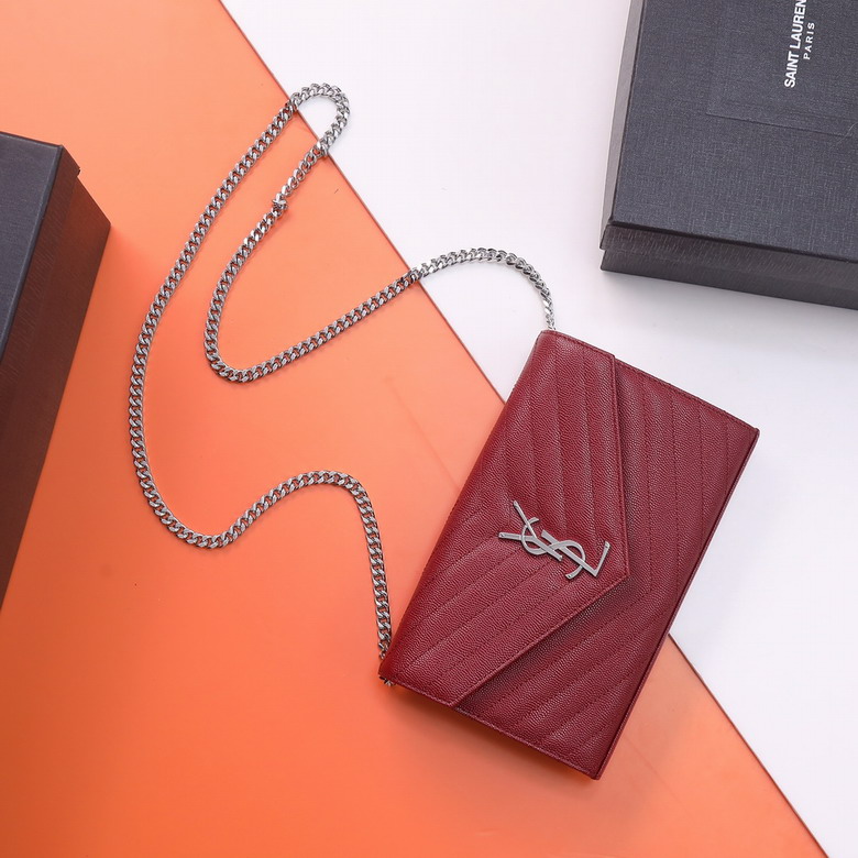 Saint Laurent Monogram Envelope Chain Wallet in Dark Red Grain de Poudre Leather